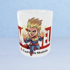 Cute chibi-style Captain Marvel coffee mug with the character flying forward in front of the classic red Marvel logo.