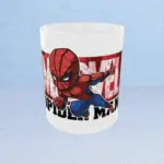 Front view of a white ceramic mug featuring a chibi cartoon Spider-Man in an action pose.