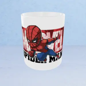 Front view of a white ceramic mug featuring a chibi cartoon Spider-Man in an action pose.