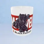 Cute chibi Black Panther Marvel coffee mug with Avengers logo.