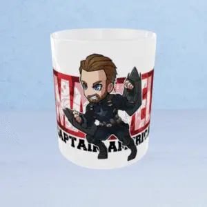 White ceramic coffee mug featuring a cute chibi-style Captain America character holding two shields, with "CAPTAIN AMERICA" text in the background.