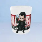 White ceramic coffee mug with a stylized Marvel Loki design featuring partial text "LOKI."
