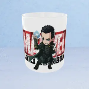 White ceramic coffee mug with a stylized Marvel Loki design featuring partial text "LOKI."