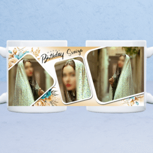 Full wrap view of customized birthday photo collage mug in beige floral design