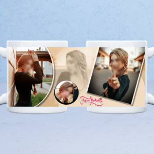 Full wrap view of customized birthday photo collage mug with beige theme
